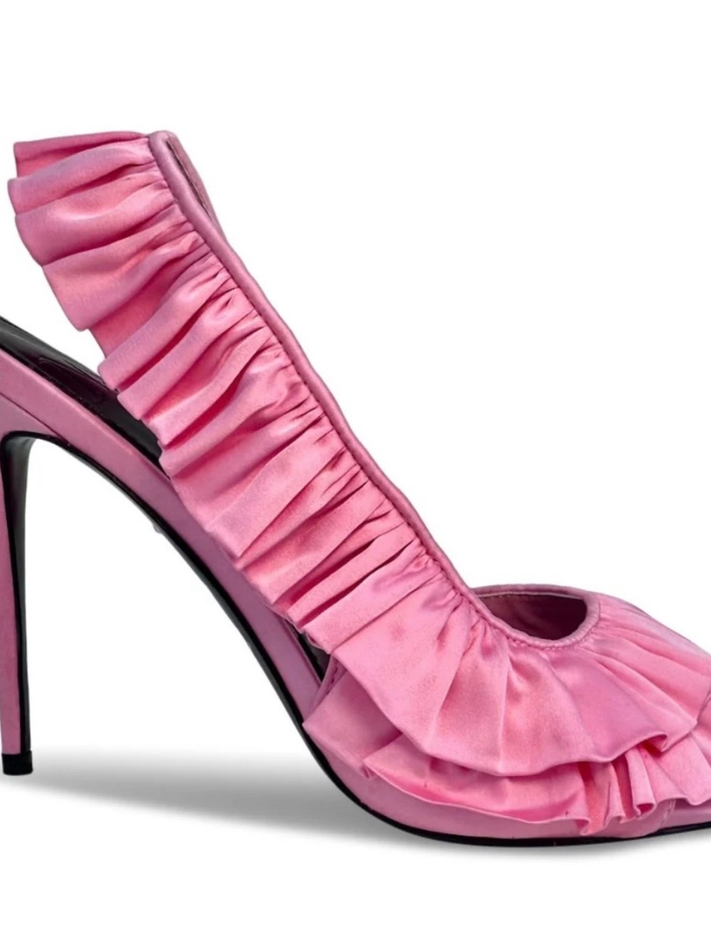 Pink Ruffled Satin High Heel Pumps